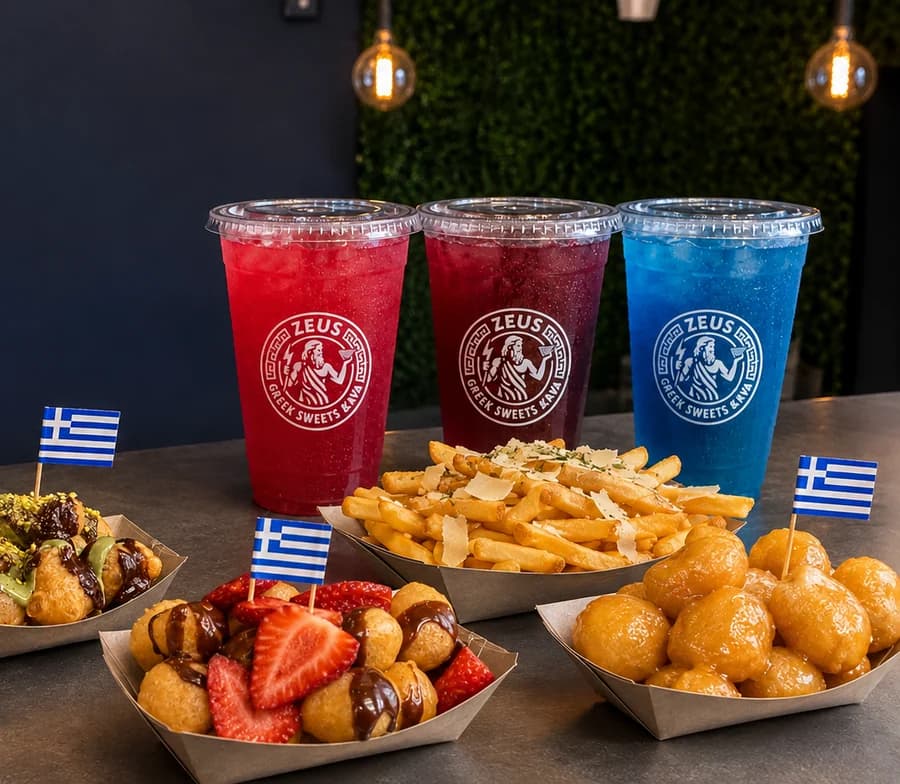 Zeus Greek herbal teas, Greek fries and freshly made loukoumades.