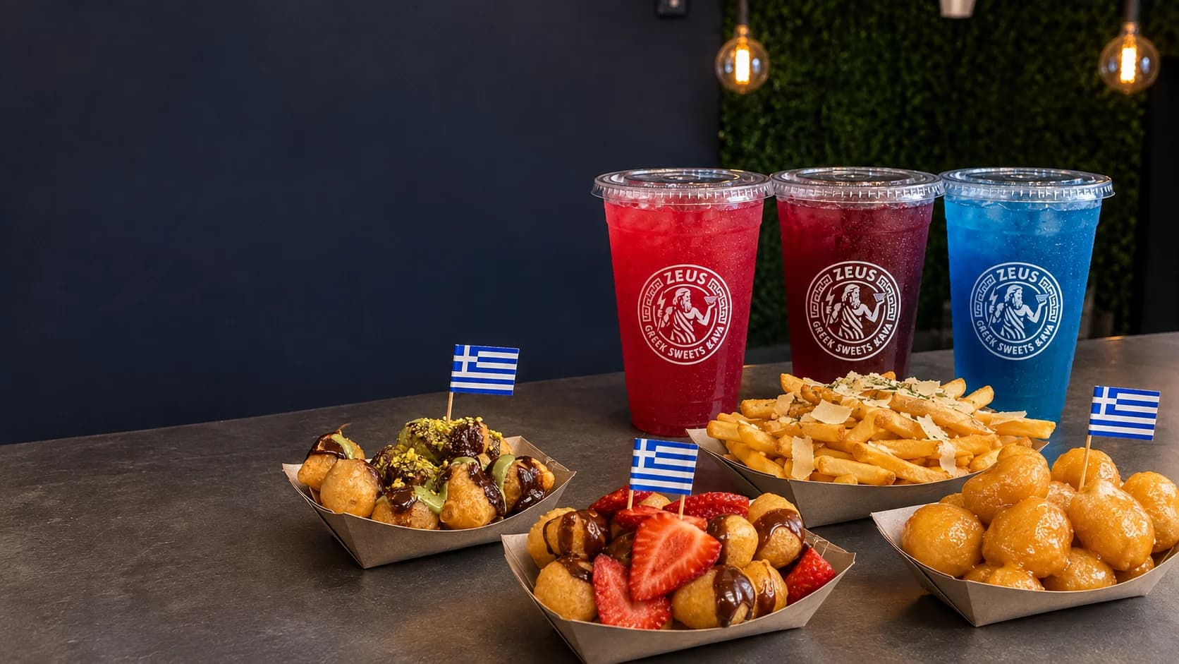 Zeus Greek herbal teas, Greek fries and freshly made loukoumades.